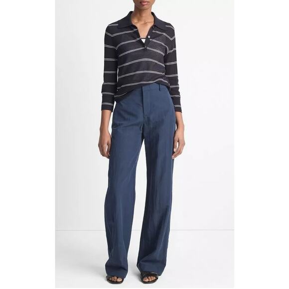 Vince Striped Navy White Italian Cotton Piqué Polo Top Sz XS Long Sleeve NWT - Picture 1 of 6